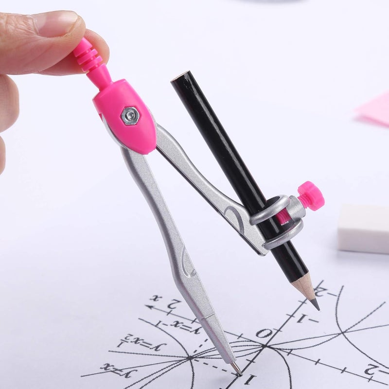 Vobou 10 Pieces Math Geometry Kit Set Student Supplies with Shatterproof Storage Box,Includes Rulers,Protractor,Compass,Eraser,Pencil Sharpener,Lead Refills,Pencil,for School and Drawings（Pink） - Image 5